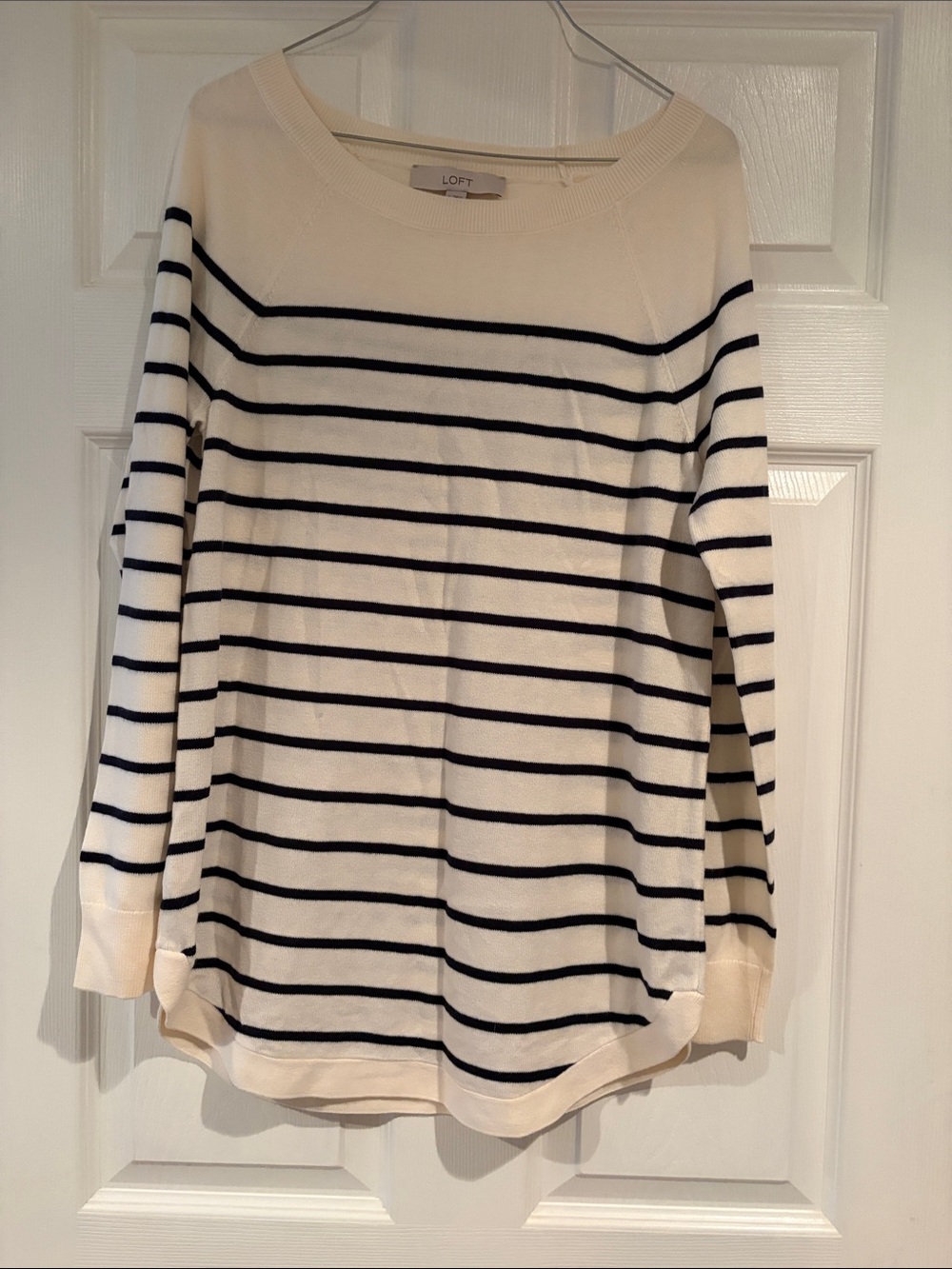 LOFT Cream and Black Striped Long Sleeve Boatneck Top